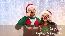  Presentation with ugly christmas sweater - Slide set having people and holidays concept - portrait of happy couple in santa hats making noses of red christmas balls at ugly sweater party over festive lights background background and a tawny brown colored foreground