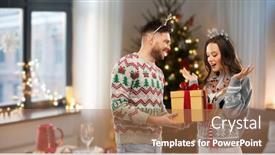  Presentation with ugly christmas sweater - Presentation theme consisting of people and holidays concept - portrait of happy couple with christmas gift at ugly sweater party background and a coral colored foreground