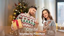  Presentation with ugly christmas sweater - Colorful presentation theme enhanced with people and holidays concept - portrait of happy couple with christmas gift at ugly sweater party backdrop and a coral colored foreground