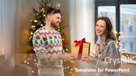  Presentation with ugly christmas sweater - Beautiful slide deck featuring people and holidays concept - portrait of happy couple with christmas gift at ugly sweater party backdrop and a coral colored foreground