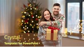  Presentation with ugly christmas sweater - Slide set enhanced with people and holidays concept - portrait of happy couple with christmas gift at ugly sweater party over home background background and a tawny brown colored foreground