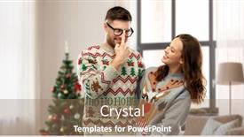  Presentation with ugly christmas sweater - PPT theme having people and holidays concept - portrait of happy couple at ugly sweater party over christmas tree and home background background and a coral colored foreground