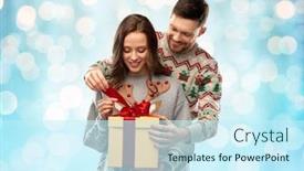  Presentation with ugly christmas sweater - Audience pleasing presentation theme consisting of people and holidays concept - portrait of happy couple with christmas gift at ugly sweater party over festive lights on blue background backdrop and a cool aqua colored foreground