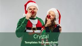  Presentation with ugly christmas sweater - Presentation theme featuring people and holidays concept - portrait of happy couple in santa hats making noses of red christmas balls at ugly sweater party background and a ocean colored foreground