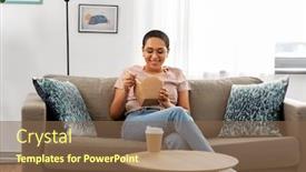  Presentation with young happy people smiling - Slides featuring people-and-leisure-concept-happy background and a tawny brown colored foreground