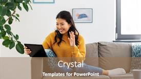  Presentation with young happy people smiling - Presentation theme having people-and-leisure-concept-happy background and a coral colored foreground