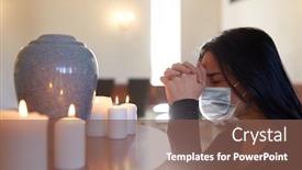  Presentation with medical face mask - PPT theme having people-and-mourning-concept-sad background and a violet colored foreground