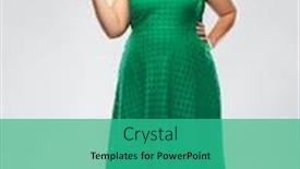  Presentation with red grey - Cool new slide set with people and portrait concept - happy woman in red dress holding something on empty hand palm over grey background backdrop and a teal colored foreground