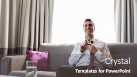  Presentation with rest - Beautiful PPT theme featuring people and rest concept - happy smiling businessman taking off his tie at hotel room backdrop and a dark gray colored foreground