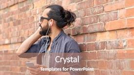  Presentation with wall street - Beautiful presentation featuring people and technology concept - close up of man with earphones and smartphone listening to music at brick wall on street backdrop and a coral colored foreground