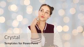  Presentation with girl teens - Slide set consisting of people and teens concept - happy pretty teenage girl thinking over holidays lights background background and a lemonade colored foreground