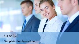  Presentation with five business people standing together and smiling - Audience pleasing presentation theme consisting of people applauding a good presentation backdrop and a  colored foreground