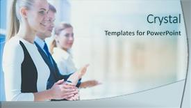  Presentation with five business people standing together and smiling - PPT layouts consisting of people applauding a good presentation background and a  colored foreground