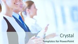  Presentation with five business people standing together and smiling - Beautiful theme featuring people applauding a good presentation backdrop and a  colored foreground