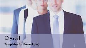  Presentation with five business people standing together and smiling - Presentation theme featuring people applauding a good presentation background and a light blue colored foreground