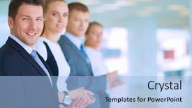  Presentation with five business people standing together and smiling - PPT layouts enhanced with people applauding a good presentation background and a light blue colored foreground