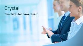  Presentation with five business people standing together and smiling - Beautiful presentation theme featuring people applauding a good presentation backdrop and a  colored foreground