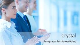  Presentation with five business people standing together and smiling - PPT theme enhanced with people applauding a good presentation background and a light blue colored foreground