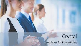  Presentation with good - Colorful PPT theme enhanced with people applauding a good presentation backdrop and a light blue colored foreground