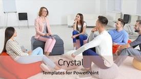  Presentation with psychotherapy - Slide set having people at group psychotherapy session background and a coral colored foreground