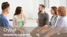  Presentation with psychotherapy - Audience pleasing presentation design consisting of people at group psychotherapy session backdrop and a coral colored foreground