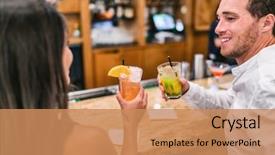  Presentation with cocktail bar - Colorful presentation design enhanced with people at restaurant with alcohol backdrop and a coral colored foreground