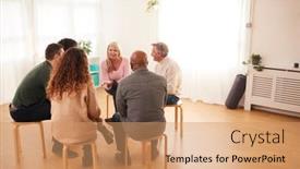  Presentation with community health - Audience pleasing theme consisting of people-attending-support-group-meeting backdrop and a coral colored foreground