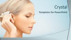  Presentation with seashell - Cool new presentation theme with people beauty and beach concept - beautiful woman with seashell over blue background backdrop and a sky blue colored foreground