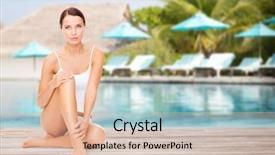  Presentation with hotel resort - PPT theme consisting of people beauty and summer holidays concept - beautiful young woman in cotton underwear touching her legs over exotic hotel resort beach with swimming pool and sunbeds background background and a lemonade colored foreground