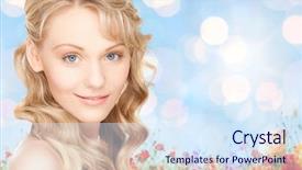  Presentation with blue lights - Colorful slide deck enhanced with people beauty body and skin care concept - beautiful woman face and hands over poppy field and blue lights background backdrop and a sky blue colored foreground