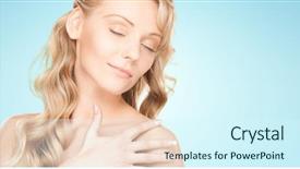  Presentation with hair care - Slide set with people beauty body and skin care concept - beautiful young happy woman with long hair over blue background background and a cool aqua colored foreground