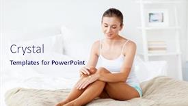  Presentation with cosmetics cream - Beautiful PPT theme featuring people beauty cosmetics and bodycare concept - beautiful woman applying moisturizing hand cream at home bedroom backdrop and a sky blue colored foreground