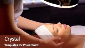  Presentation with beautician - Audience pleasing presentation theme consisting of people beauty lifestyle and relaxation concept - beautician with magnifying lamp doing face massage to beautiful young woman at spa backdrop and a tawny brown colored foreground