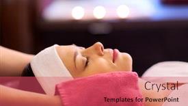  Presentation with spa concept - Slide deck with people beauty lifestyle and relaxation concept - beautiful young woman lying with closed eyes and having face massage with terry gloves at spa background and a red colored foreground