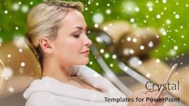  Presentation with white snow - Slide deck enhanced with people beauty lifestyle technology and relaxation concept - beautiful young woman in white bath robe with smartphone social networking at spa with snow effect background and a coral colored foreground
