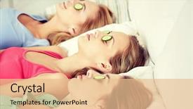  Presentation with cosmetics natural - Presentation enhanced with people beauty natural cosmetics and pajama party concept - happy friends or teenage girls with cucumber mask lying in bed at home background and a lemonade colored foreground