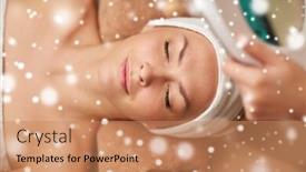  Presentation with beautician - Presentation design with people beauty skin care winter and relaxation concept - close up of beautiful young woman lying with closed eyes and beautician looking through magnifying lamp in spa salon with snow effect background and a coral colored foreground