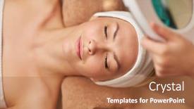  Presentation with young healthy people - Beautiful slides featuring people beauty spa healthy lifestyle and relaxation concept - close up of beautiful young woman lying with closed eyes and cosmetologist looking through magnifying lamp in spa backdrop and a red colored foreground