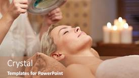  Presentation with young healthy people - PPT layouts featuring people beauty spa healthy lifestyle and relaxation concept - close up of beautiful young woman lying with closed eyes and cosmetologist looking through magnifying lamp in spa background and a coral colored foreground