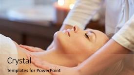  Presentation with young healthy people - Cool new slides with people beauty spa healthy lifestyle and relaxation concept - close up of beautiful young woman lying with closed eyes and having massage in spa backdrop and a coral colored foreground