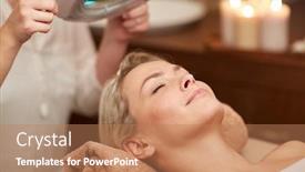  Presentation with young healthy people - Colorful PPT theme enhanced with people beauty spa healthy lifestyle and relaxation concept - close up of beautiful young woman lying with closed eyes and cosmetologist looking through magnifying lamp in spa backdrop and a coral colored foreground