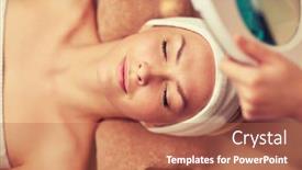  Presentation with young healthy people - PPT theme featuring people beauty spa healthy lifestyle and relaxation concept - close up of beautiful young woman lying with closed eyes and cosmetologist looking through magnifying lamp in spa background and a red colored foreground