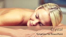 Presentation with young healthy people - Presentation design featuring people beauty spa healthy lifestyle and relaxation concept - close up of beautiful young woman lying on massage table in spa background and a coral colored foreground