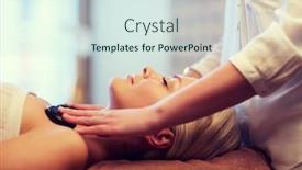  Presentation with spa concept stone - Colorful presentation theme enhanced with people beauty spa healthy lifestyle and relaxation concept - close up of beautiful young woman having hot stone massage in spa backdrop and a sky blue colored foreground