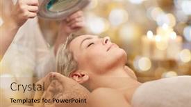  Presentation with young healthy people - Slides with people beauty spa healthy lifestyle and relaxation concept - close up of beautiful young woman lying with closed eyes and cosmetologist looking through magnifying lamp in spa background and a coral colored foreground