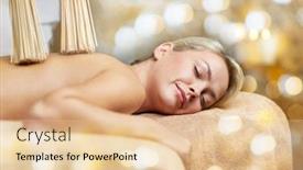  Presentation with samurai - Theme featuring people beauty spa healthy lifestyle and relaxation concept - close up of beautiful young woman lying with and having samurai massage with bamboo brooms in spa background and a lemonade colored foreground