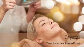  Presentation with young healthy people - Slides enhanced with people beauty spa healthy lifestyle and relaxation concept - close up of beautiful young woman lying with closed eyes and cosmetologist looking through magnifying lamp in spa background and a coral colored foreground