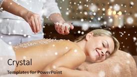 Presentation with massage therapist - Slide set enhanced with people beauty spa massage and relaxation concept - close up of beautiful young woman lying with closed eyes and therapist applying sea salt to back in spa with snow effect background and a coral colored foreground