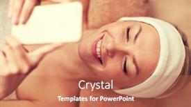  Presentation with relaxation - Amazing presentation design having people beauty spa technology and relaxation concept - close up of beautiful smiling young woman lying with smartphone in spa backdrop and a coral colored foreground