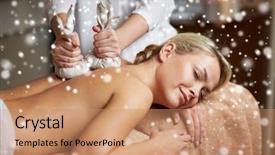  Presentation with relaxation - Slide deck enhanced with people beauty spa winter and relaxation concept - close up of beautiful young woman lying and having herbal bag back massage in spa salon with snow effect background and a coral colored foreground